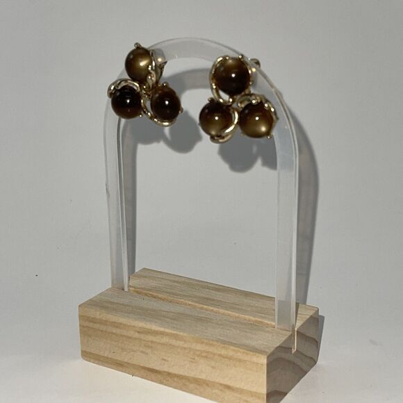 Vintage Jewelry Gold Toned tigers eye Brown Stone Clip On Earrings Cluster B#18 - Picture 7 of 13